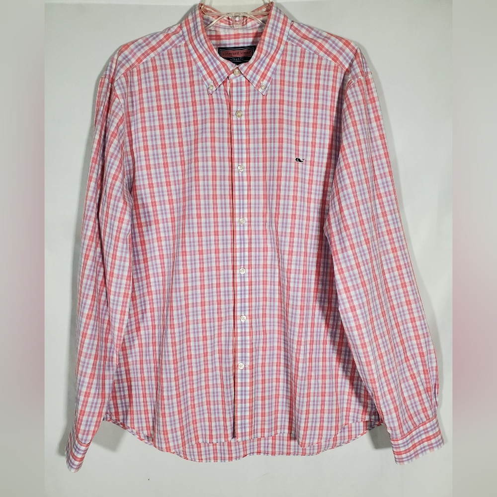 VINEYARD VINES PINK PLAID COLLEGIATE FIT WHALE LOGO BY SHEP & IAN DRESS SHIRT